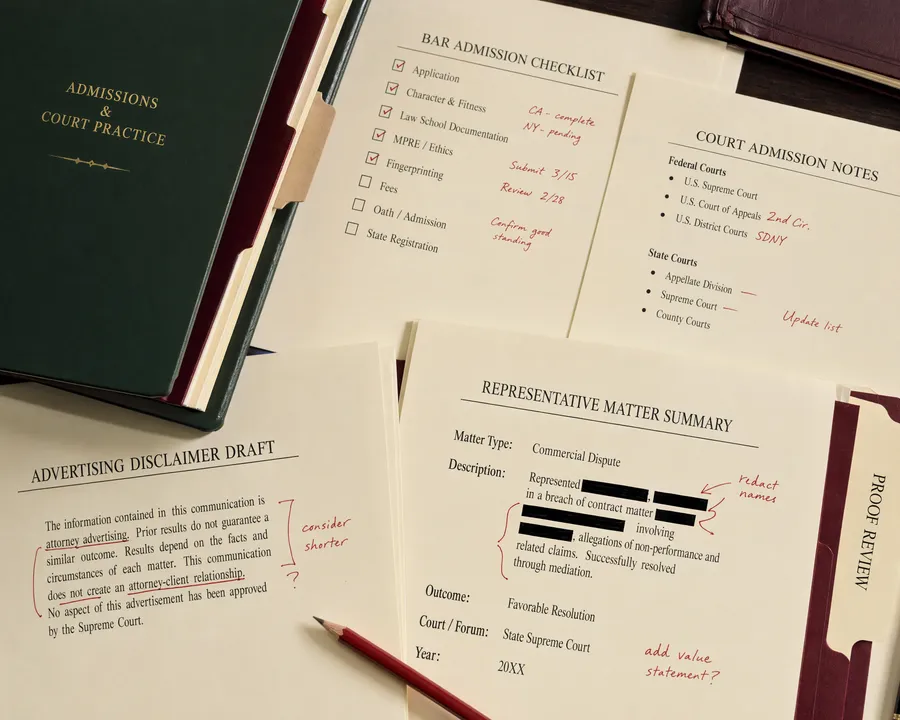 Attorney proof review materials with admission notes, disclaimer drafts, and redacted representative matter review.