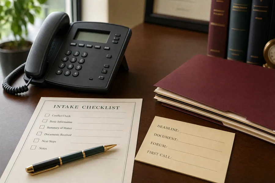Phone-first intake desk with a checklist, file folder, and deadline note.