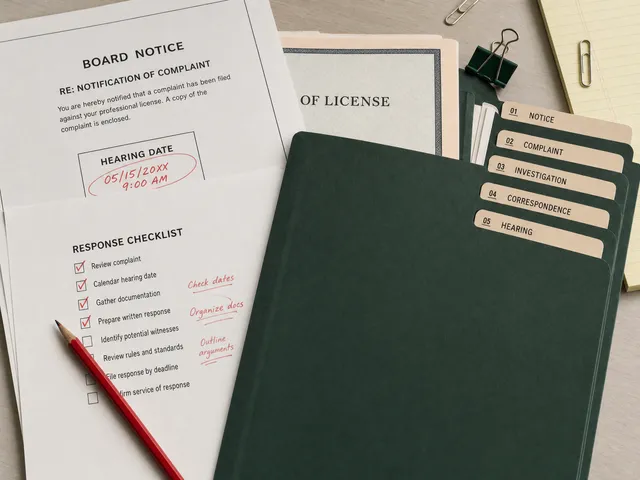 Professional licensing defense file with board notice, response checklist, and hearing date notes.