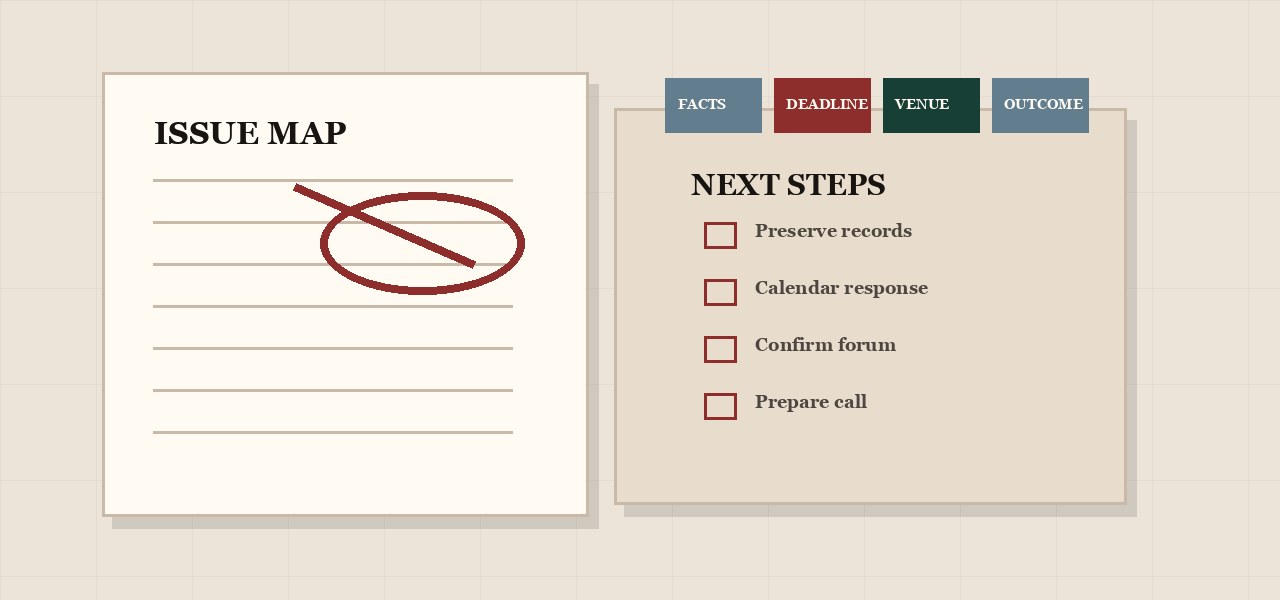 Marked legal document review table with tabs for facts, deadline, venue, and desired outcome.